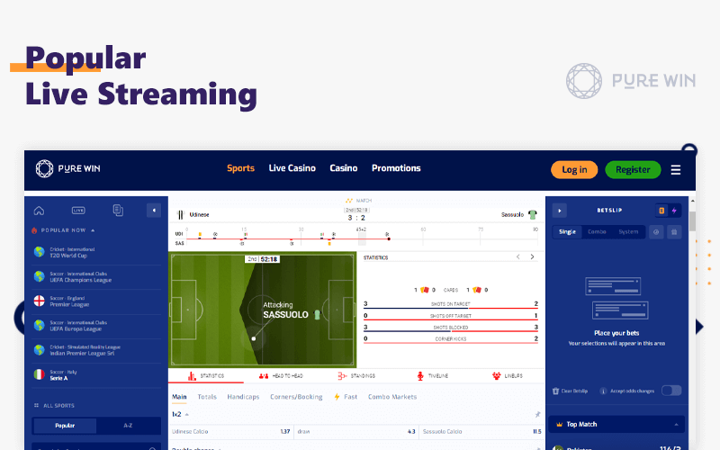 Pure Win allows you to follow the sports events with Live Streams