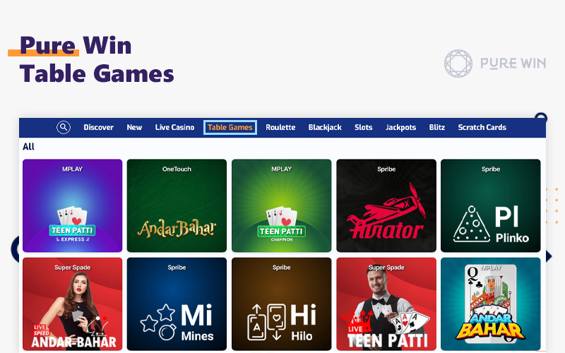 Pure Win Casino Table games will allow you to win real money